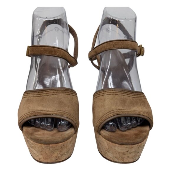 Gucci Platform Cork Heel Sandals Womens Tan Suede Leather Buckle 5" EU 39 US 9 - Picture 7 of 16